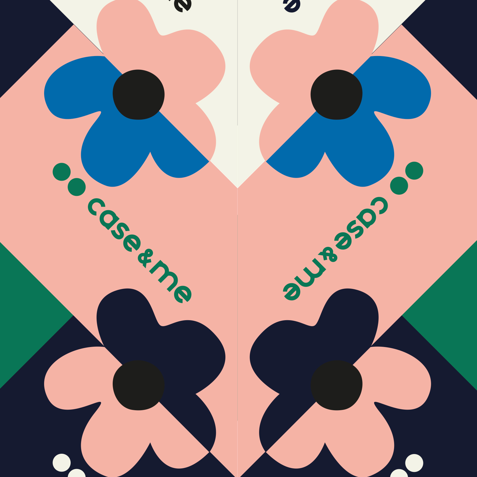 Patrón floral abstracto en rosa, azul y azul marino con texto.