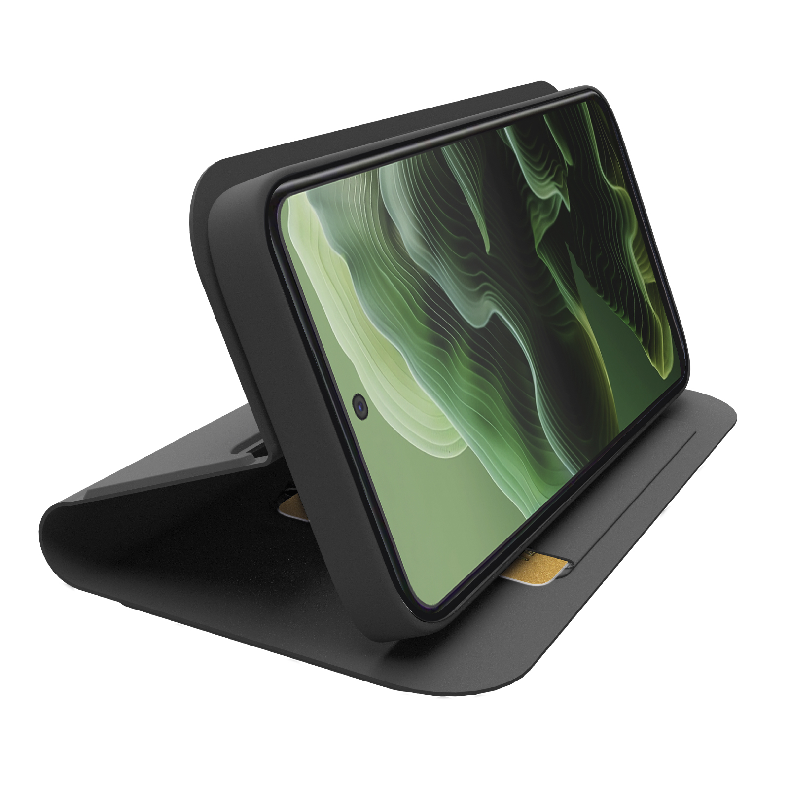 Un smartphone negro descansa en una funda tipo libro negra abierta, ladeado.