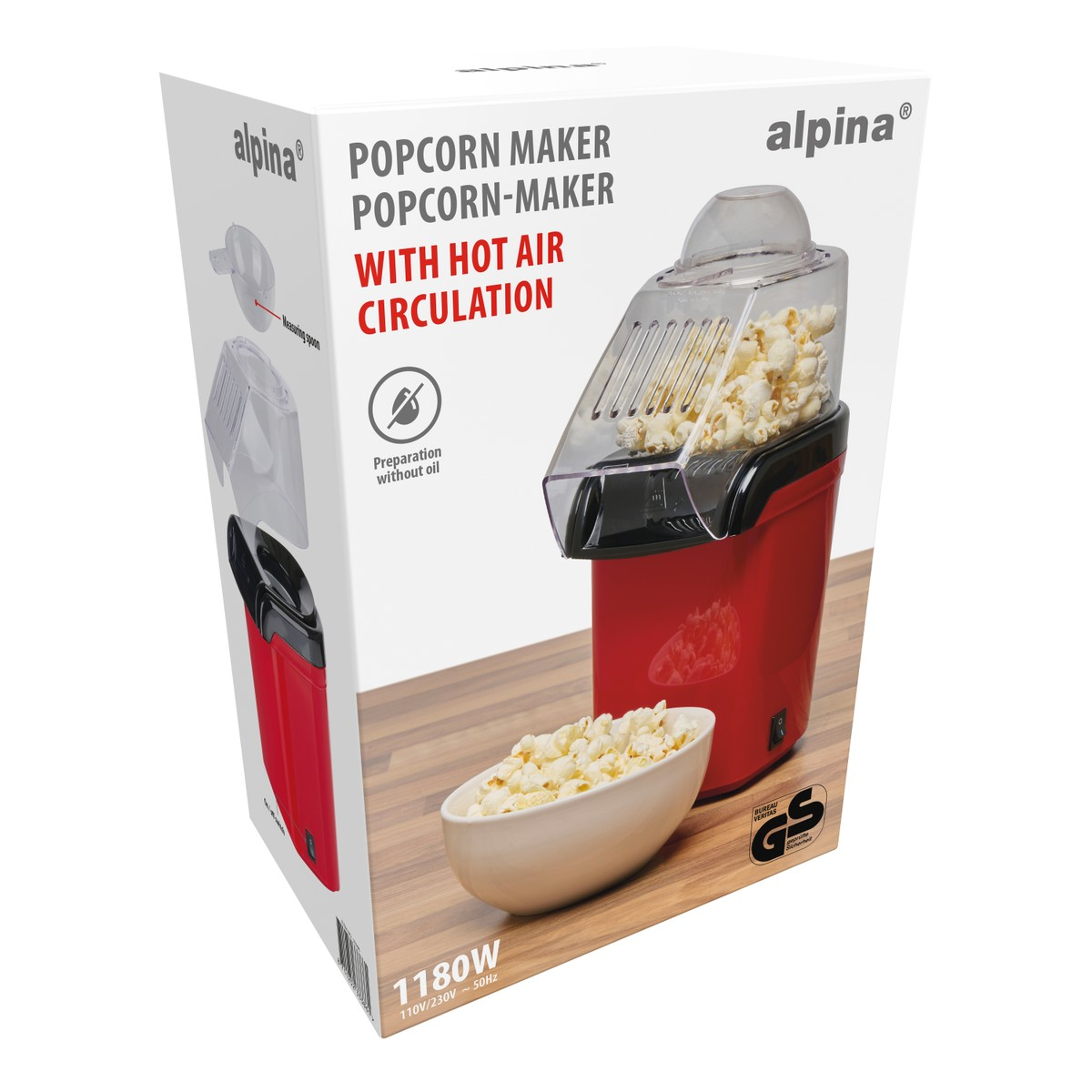 Red popcorn maker with hot air circulation, bowl of popcorn.