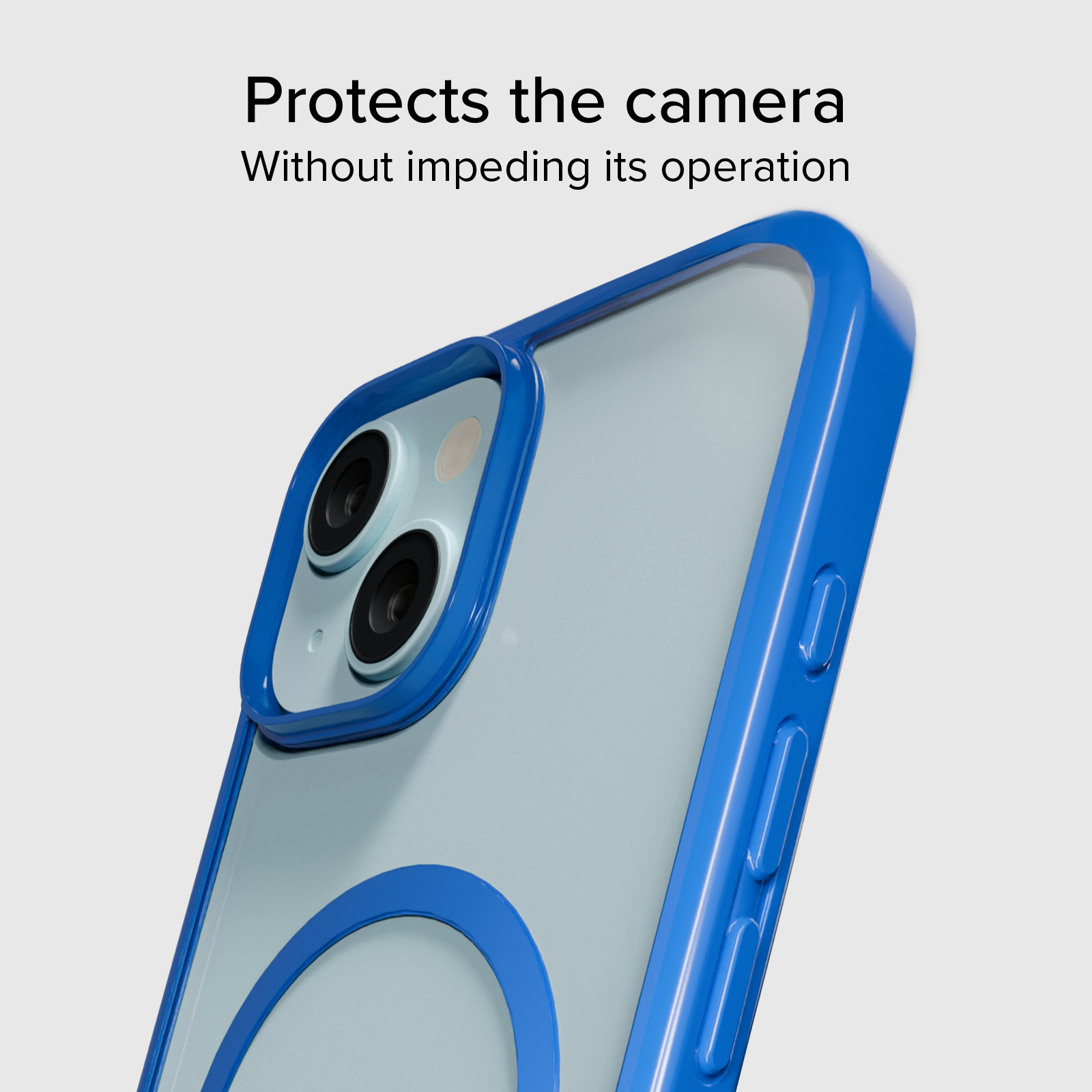 Funda azul protege la cámara de un smartphone.