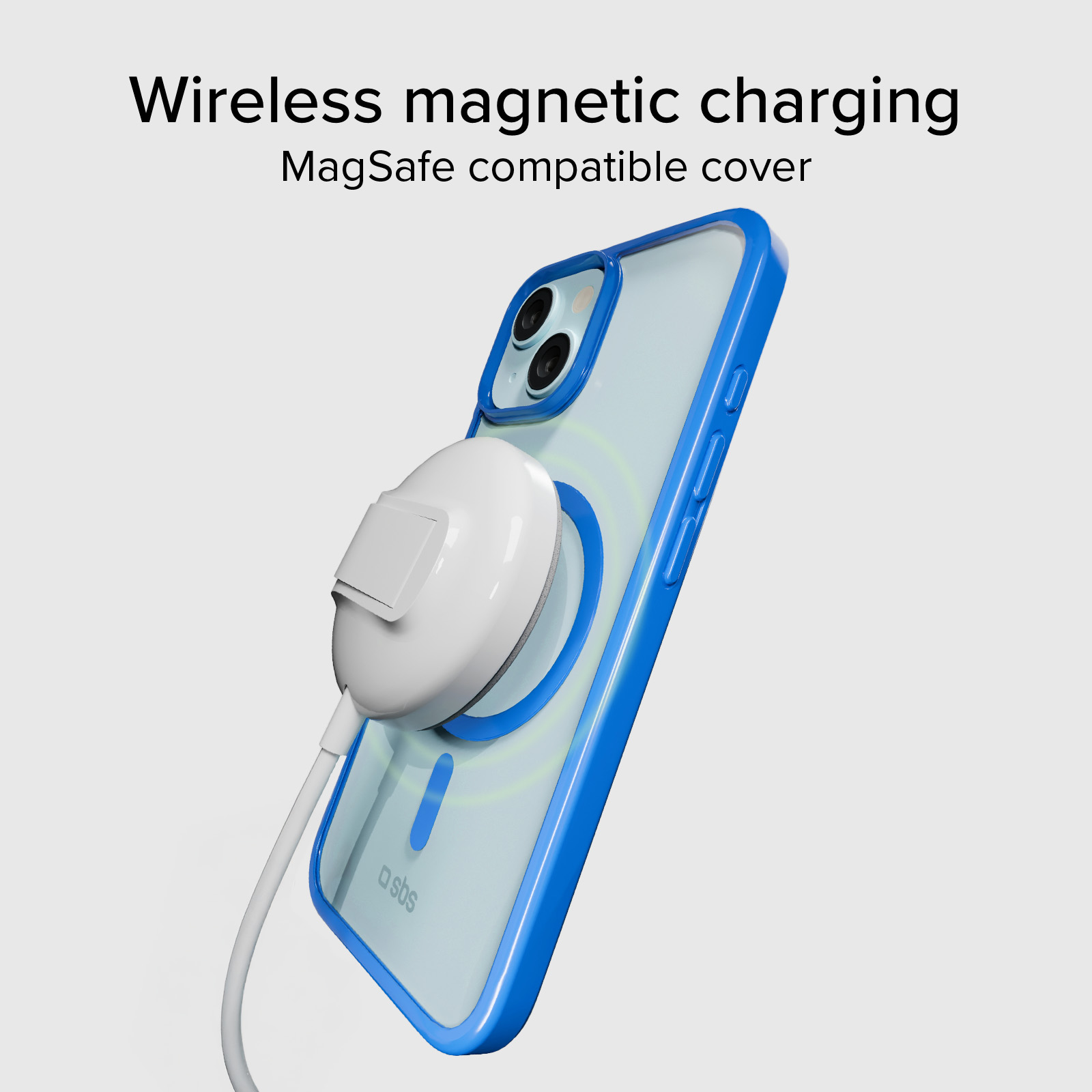 Un iPhone azul con cargador MagSafe y cable sobre fondo gris.
