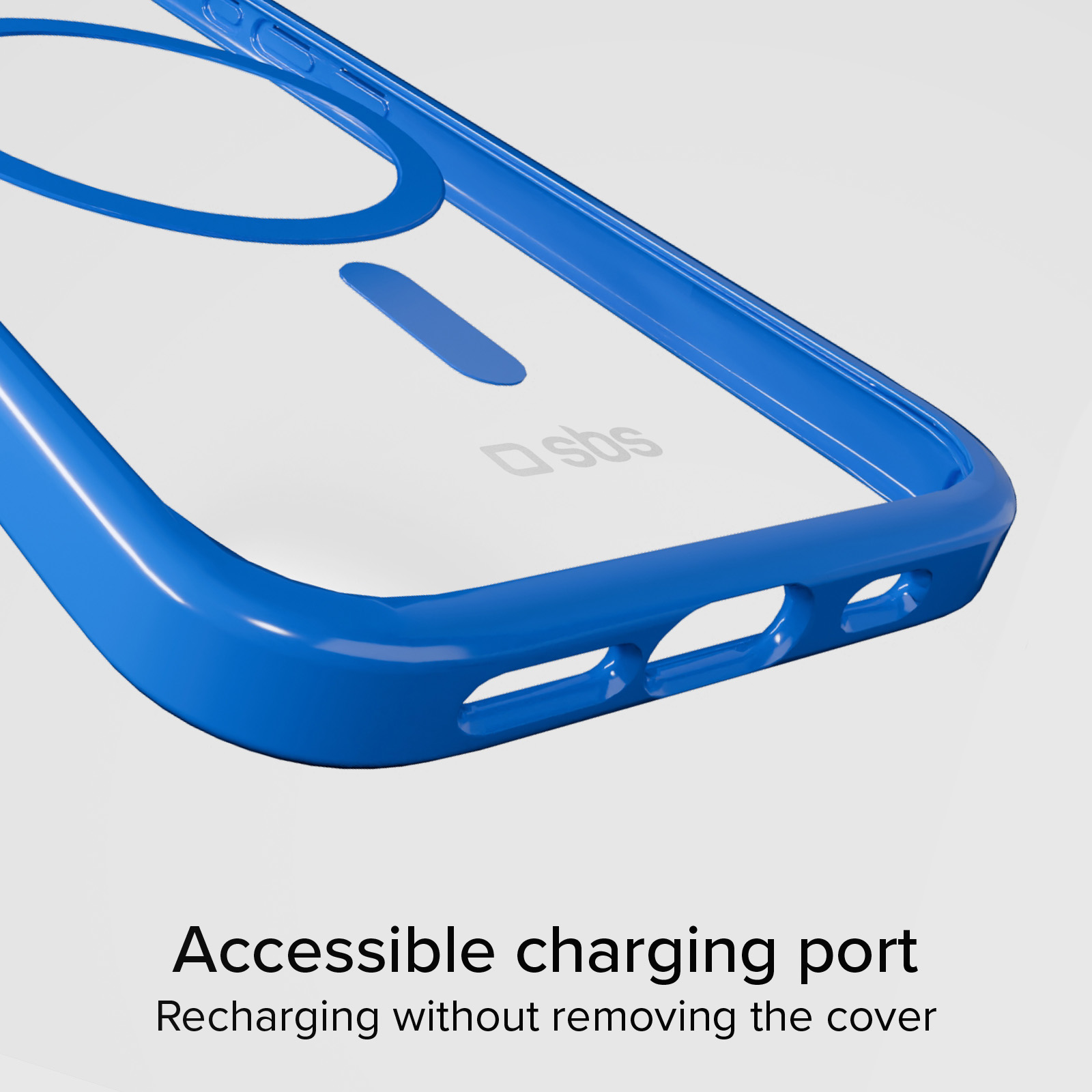 Funda transparente para teléfono con borde azul y apertura de puerto de carga.