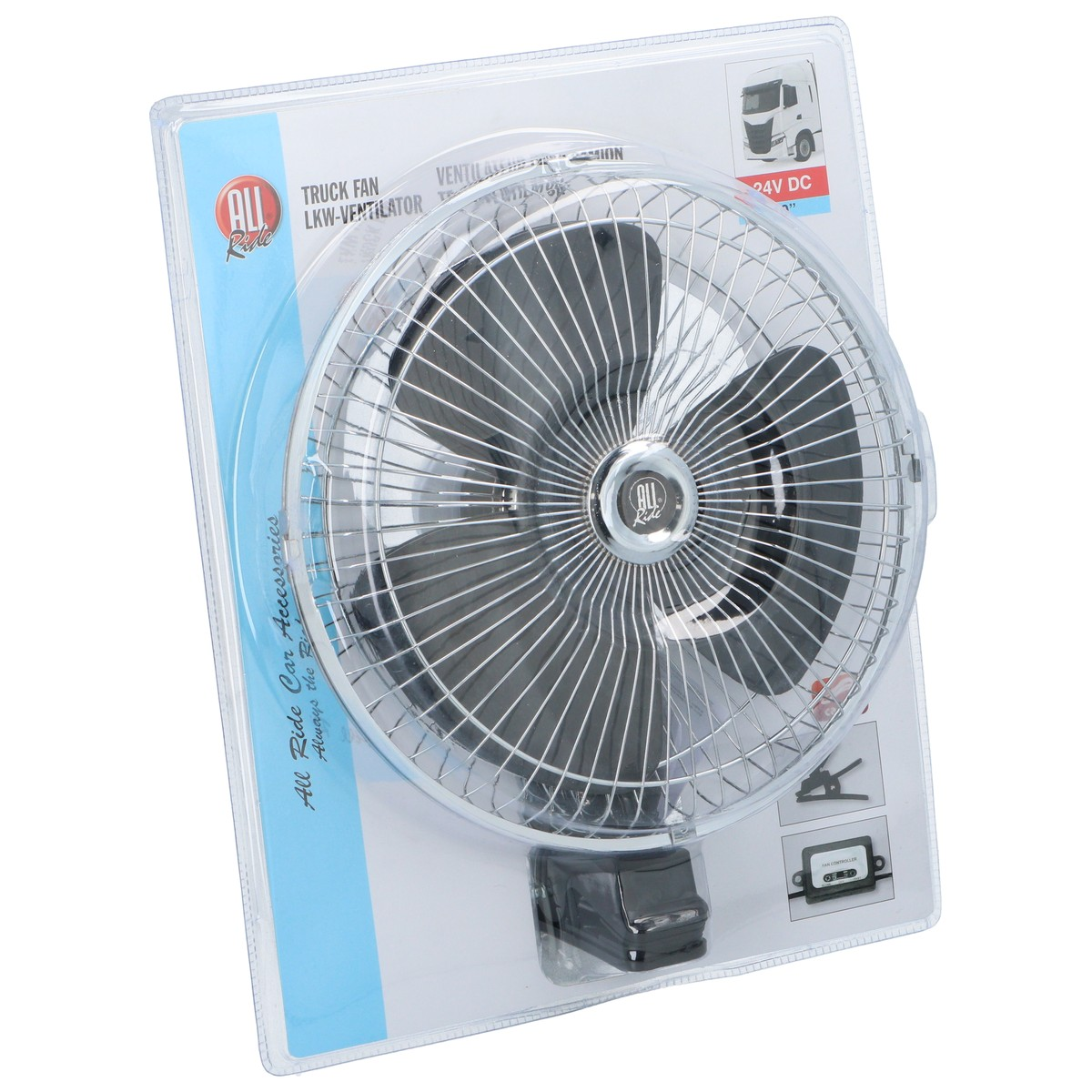 Un ventilateur argenté pour camion avec centre et pales noirs, dans son emballage.
