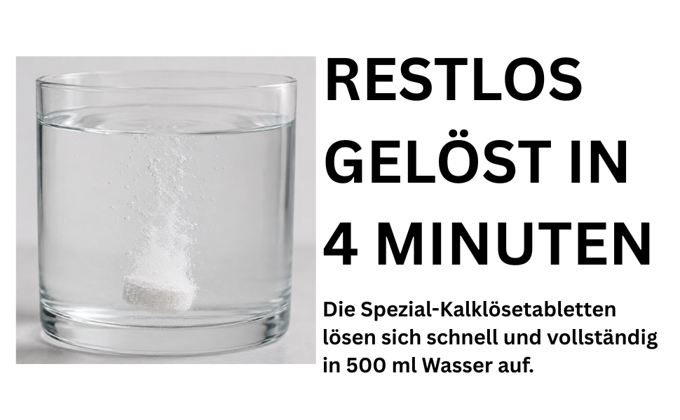 Brausetablette löst sich in einem Glas Wasser auf, mit Text.