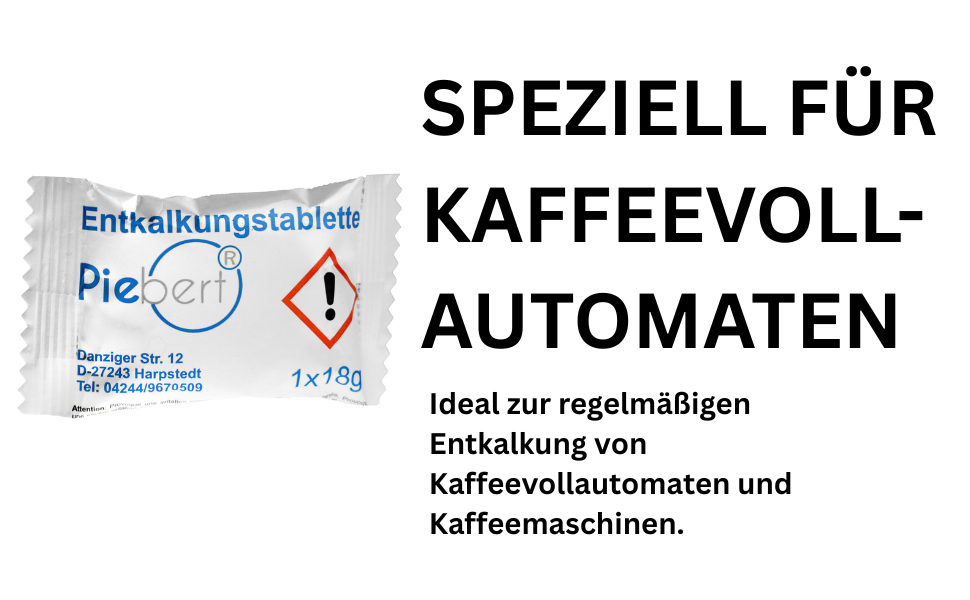 Verpackung einer Entkalkungstablette von Piebert für Kaffeeautomaten.