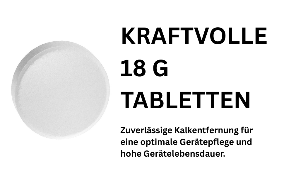 Eine weiße 18g Tablette für die Kalkentfernung, daneben Text.