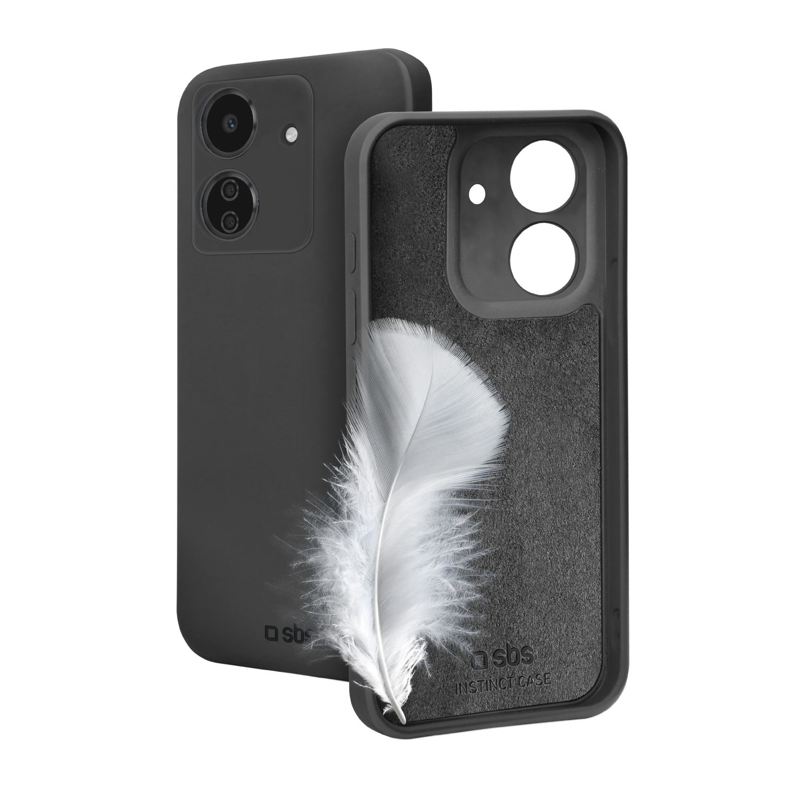 Un teléfono negro con dos cámaras, al lado una funda con una pluma blanca.