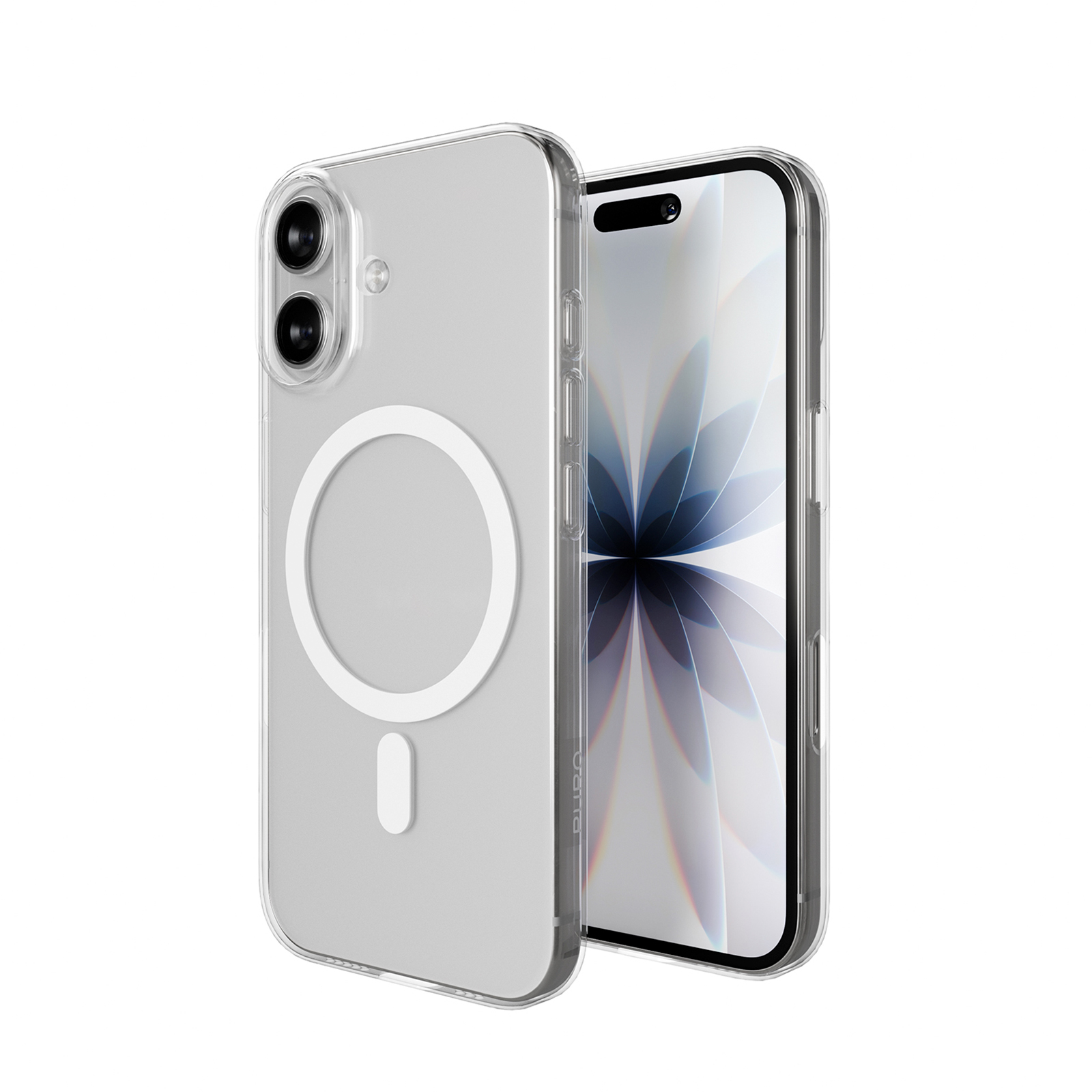 Custodia trasparente con anello MagSafe su smartphone con sfondo floreale.