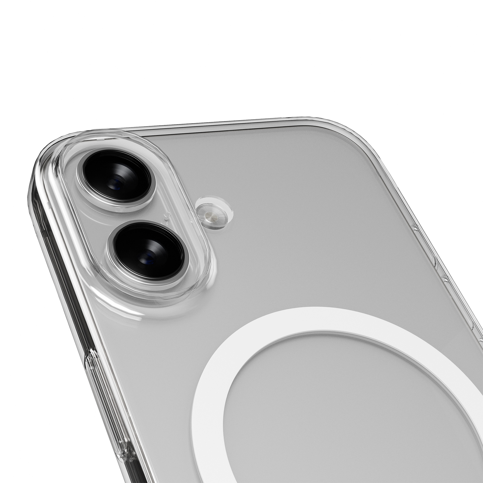 Una custodia trasparente per telefono mostra due obiettivi e un anello.