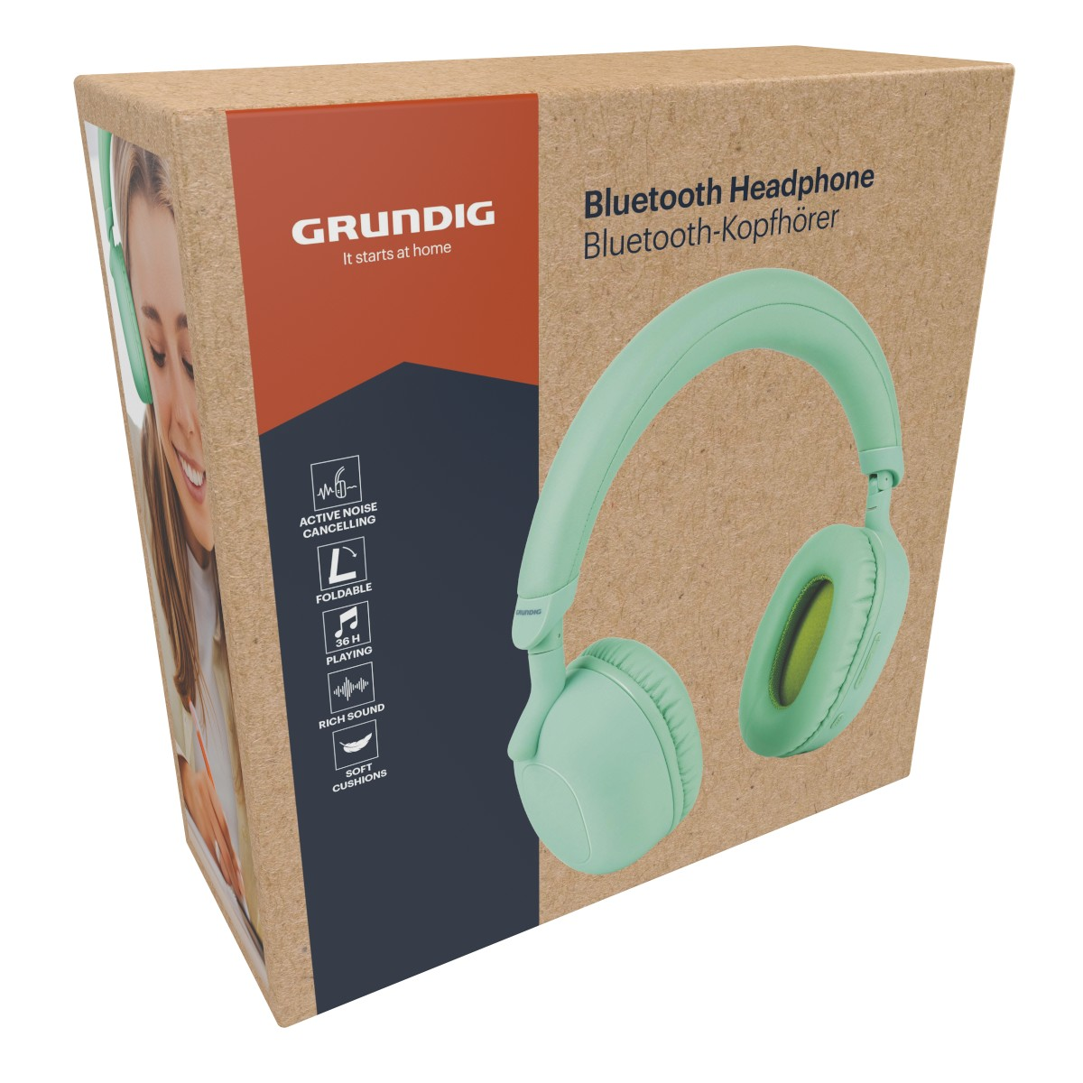Cuffie Bluetooth Grundig verde menta su confezione con caratteristiche.