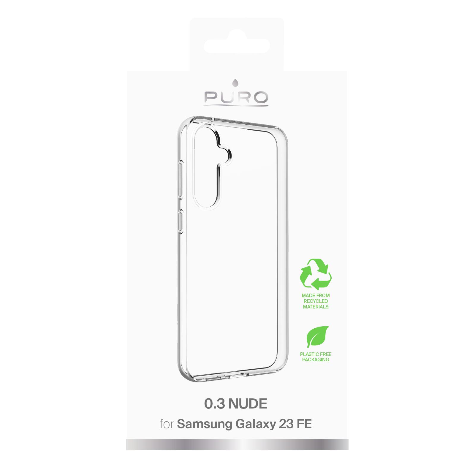 Custodia trasparente per Samsung Galaxy 23 FE, realizzata con materiali riciclati.