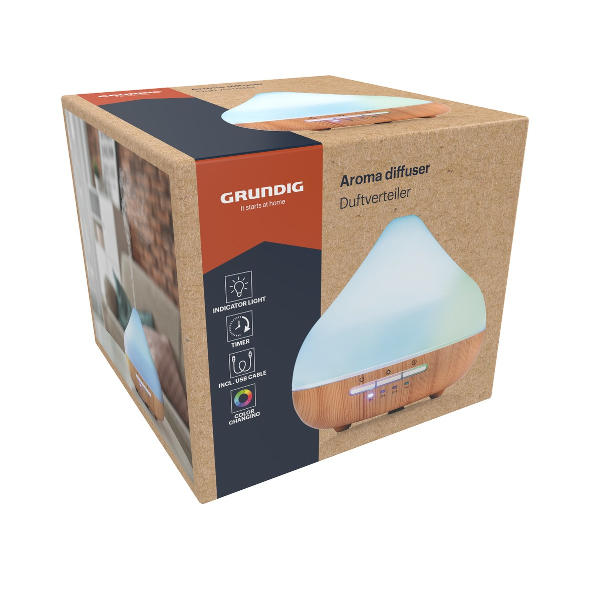 Grundig Aroma Diffuser box with product image and icons for light, timer, USB.