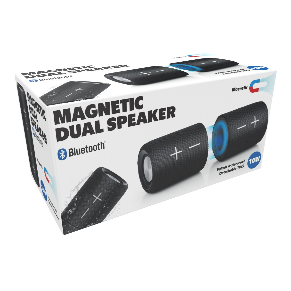 Verpakking voor magnetische dual speakers met Bluetooth en 10W vermogen.