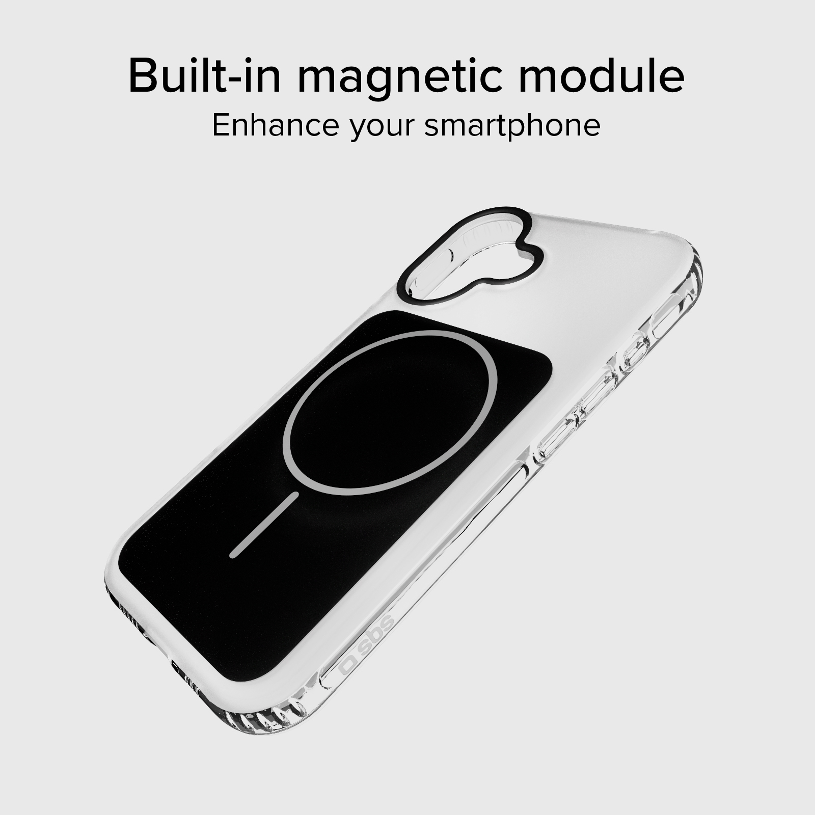 Funda transparente para teléfono con módulo magnético negro detrás.