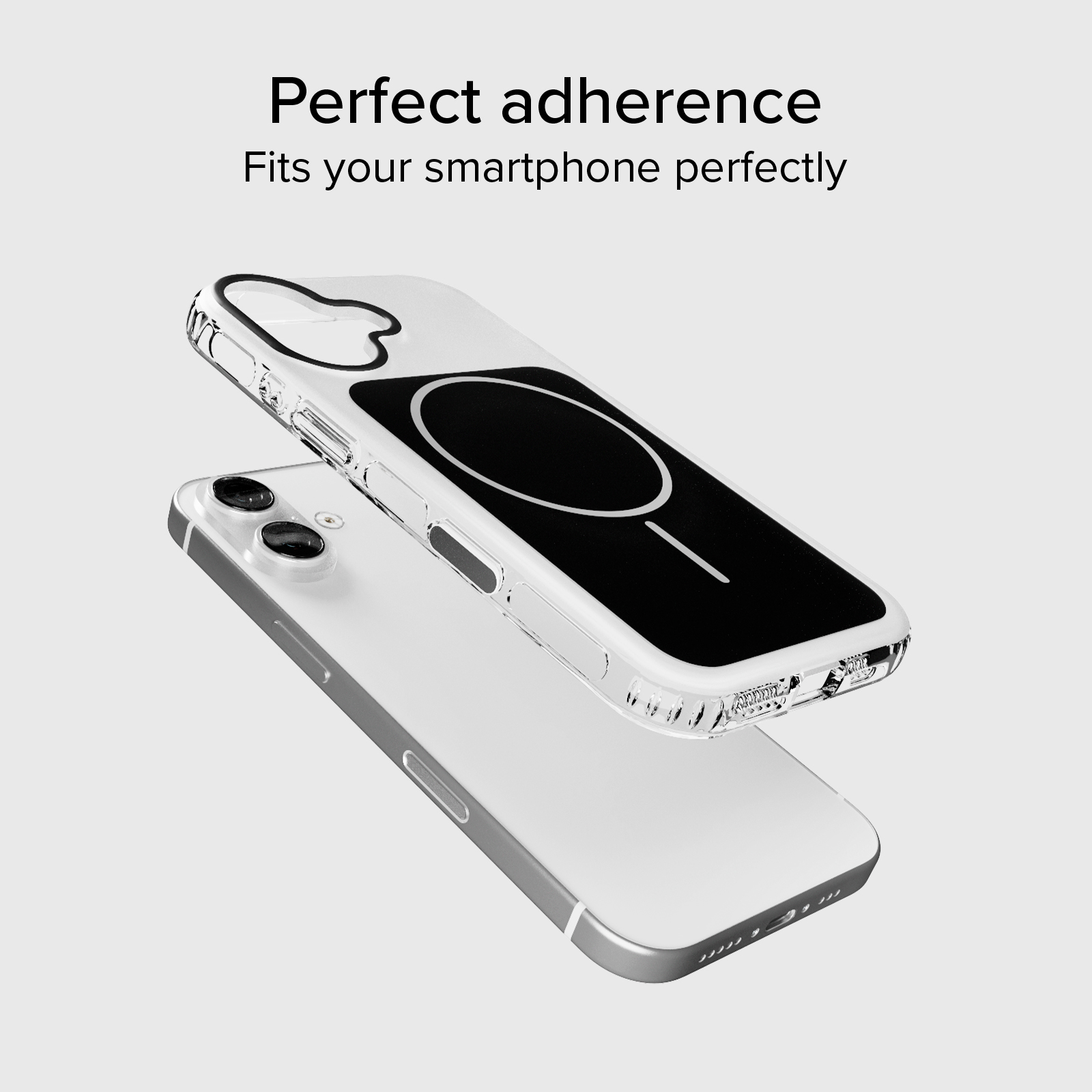Se muestra una funda de teléfono transparente con un logo de círculo negro sobre un smartphone blanco.