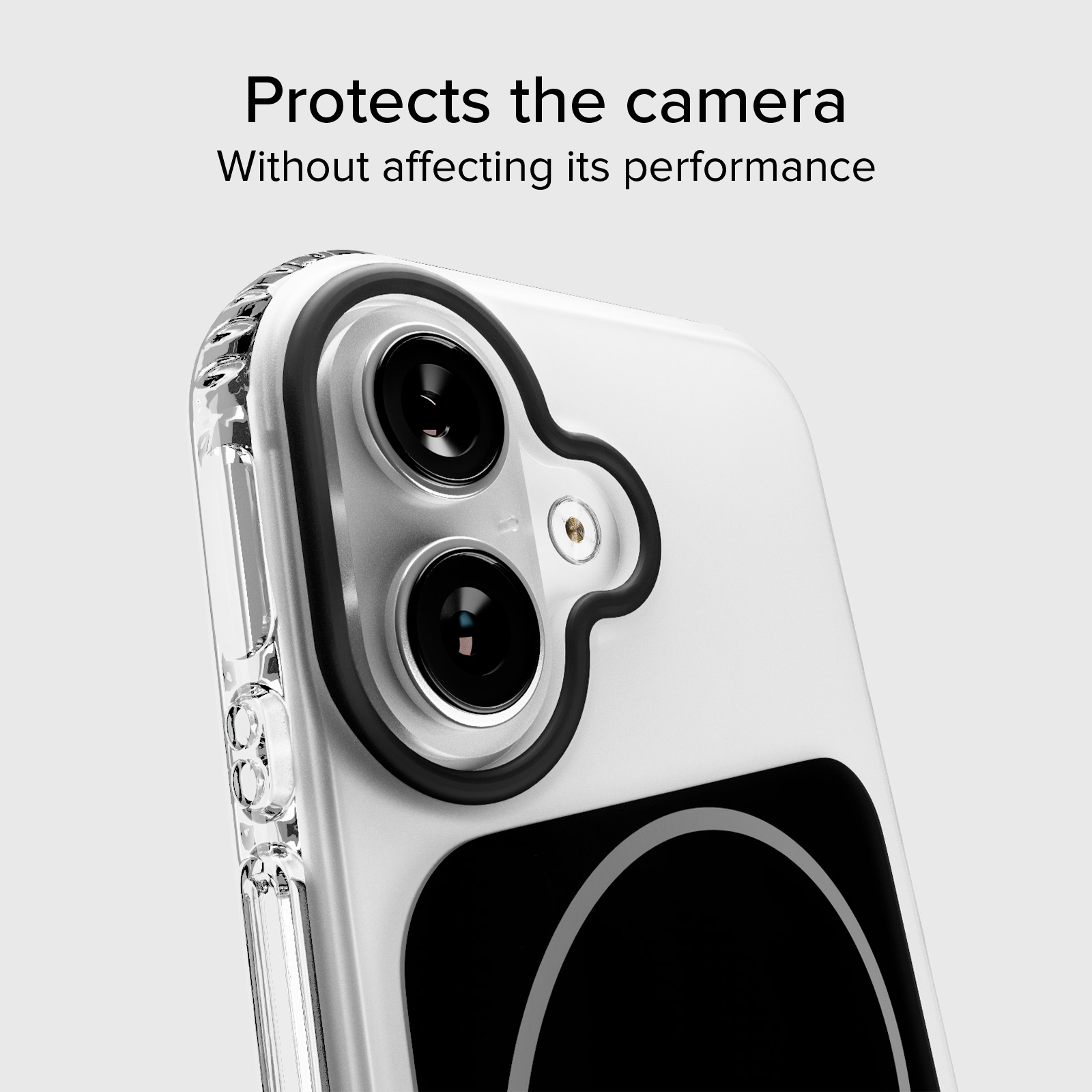 Funda transparente para teléfono con borde negro alrededor de las lentes.