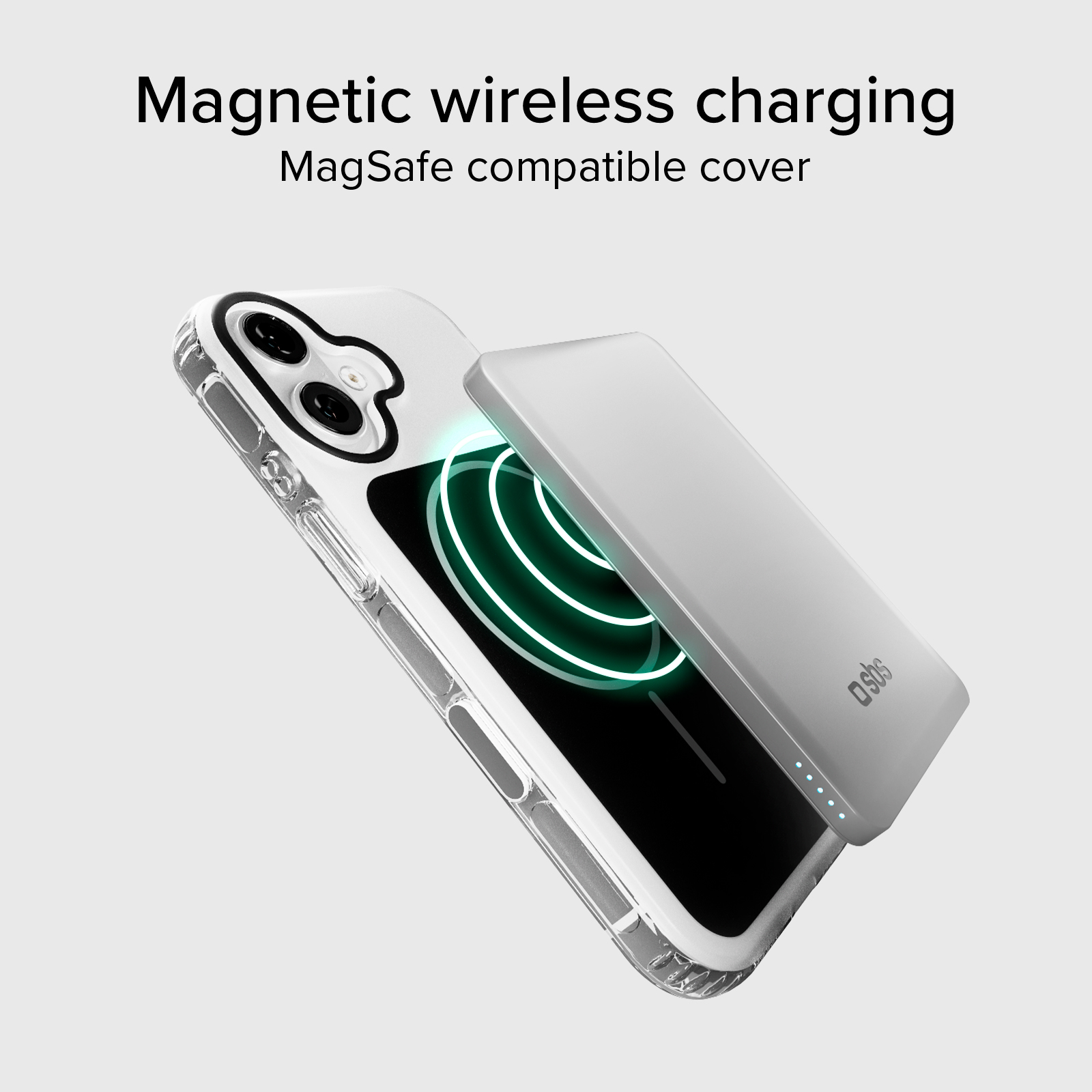 Una funda transparente para móvil con cargador MagSafe que muestra una animación de bobina de carga verde.