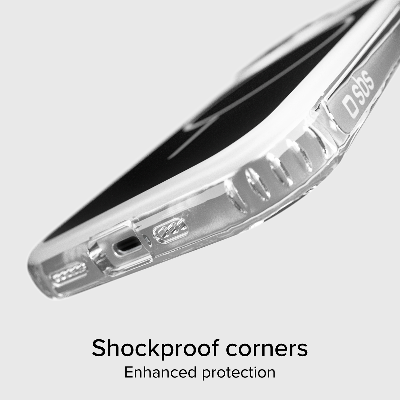 Funda transparente con esquinas reforzadas y logo SBS.