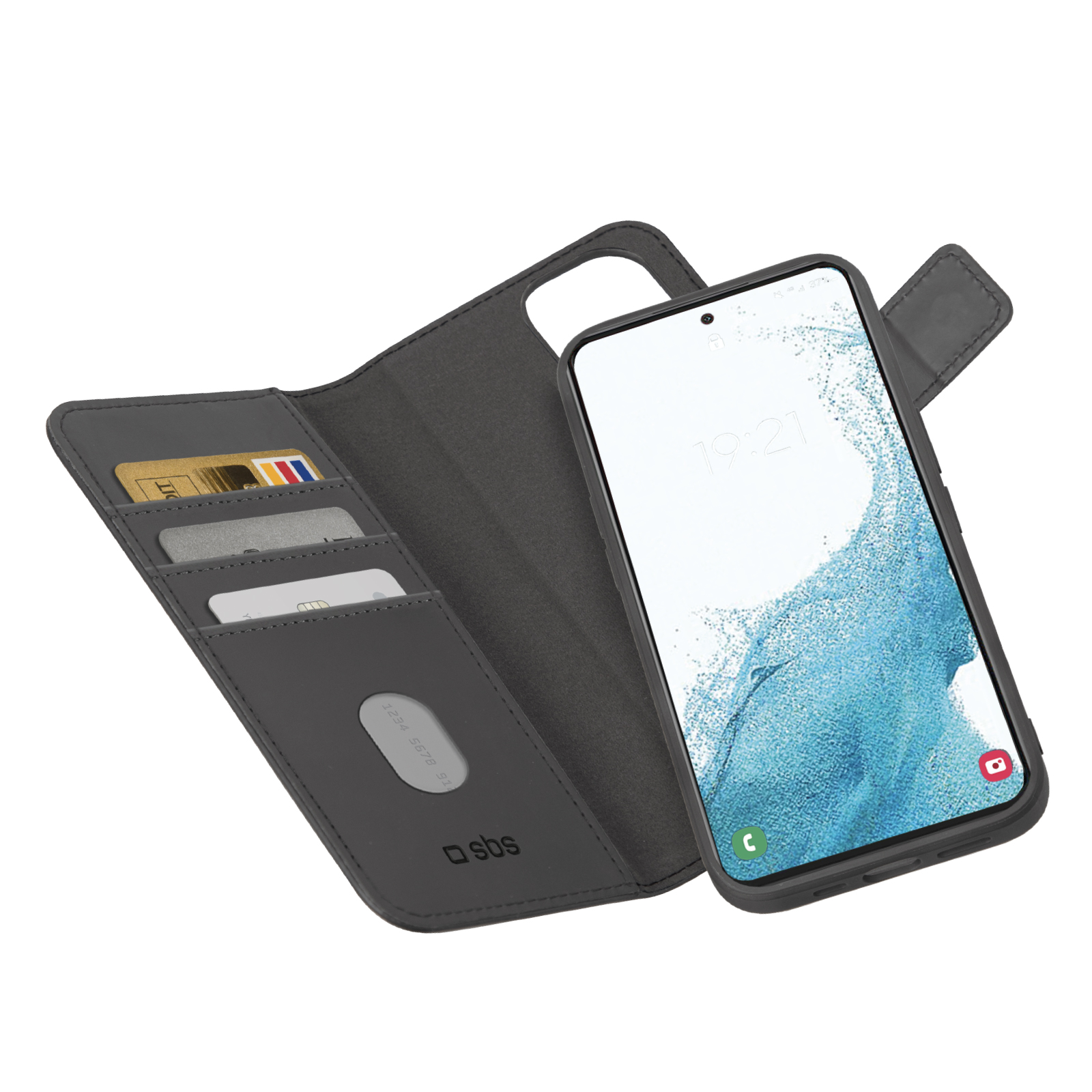 Un soporte de cartera para teléfono oscuro con ranuras para tarjetas y un teléfono inteligente.