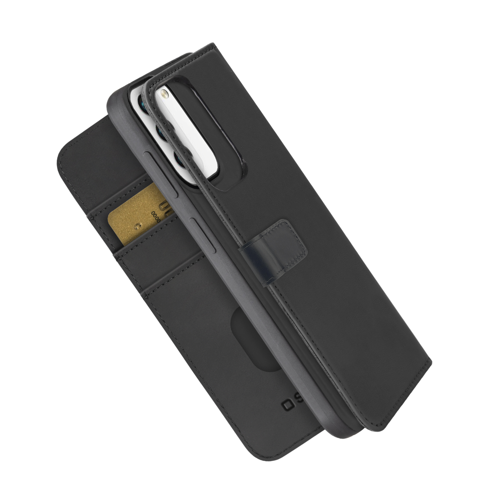 Funda negra para teléfono plegable con una tarjeta dorada insertada en la ranura.