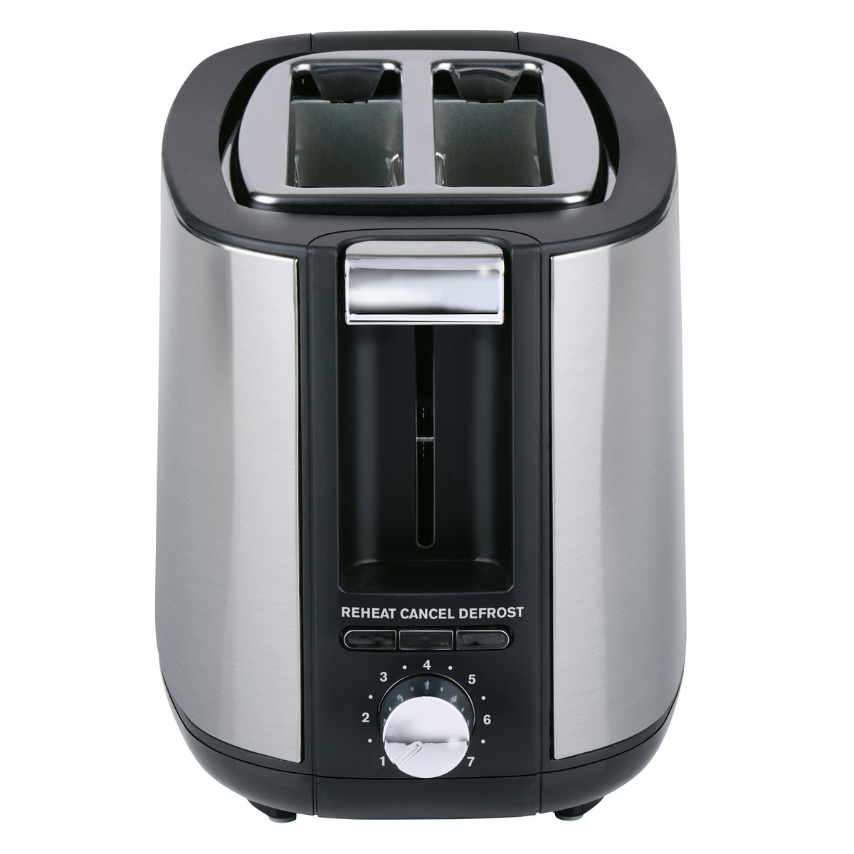 A silver and black two-slot toaster with control buttons and a dial.