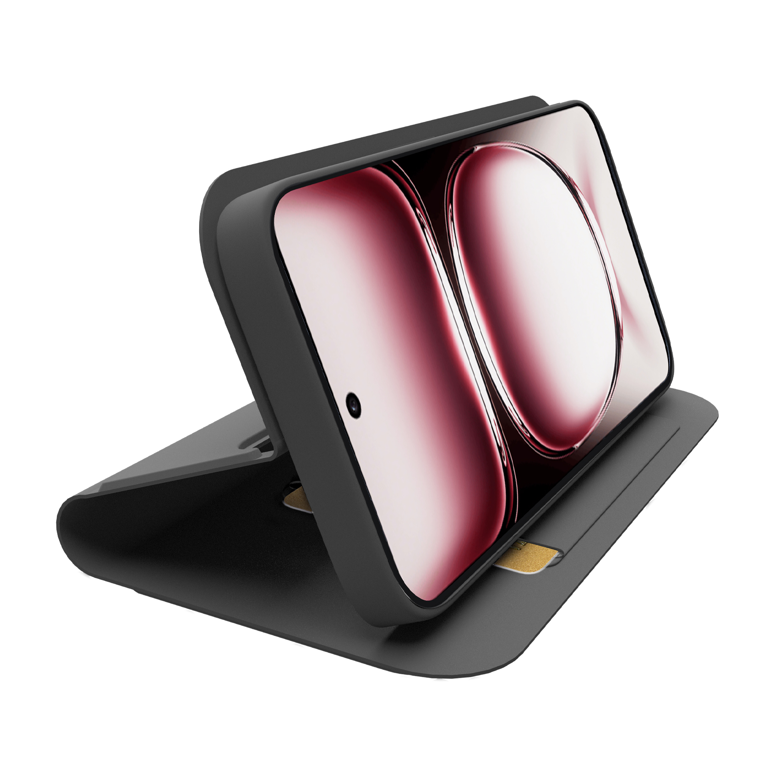 Funda de teléfono negra con ranura dorada para tarjeta SIM, sosteniendo un teléfono con pantalla abstracta roja.