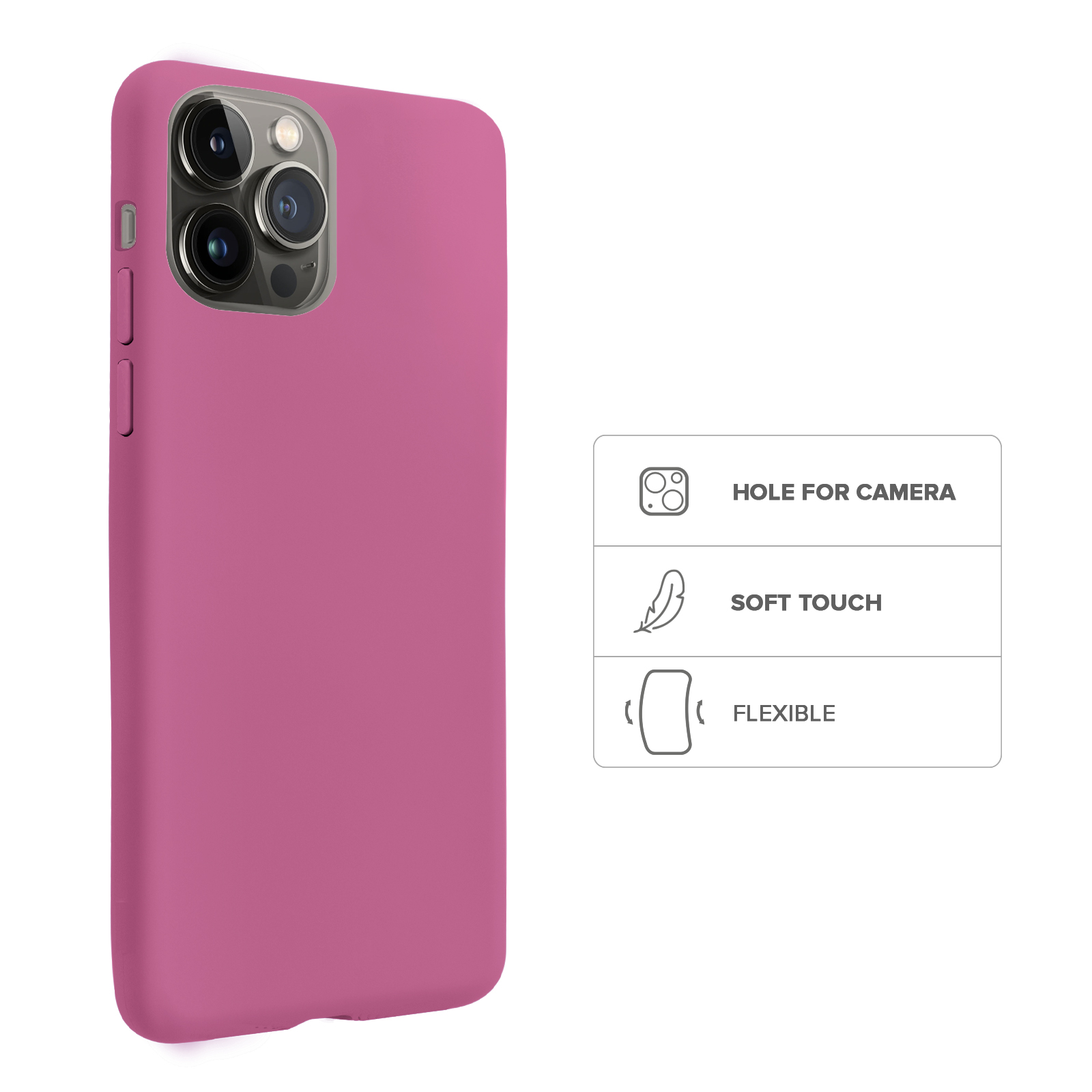 Una funda de teléfono rosa con recorte para cámara y cuadros de texto.