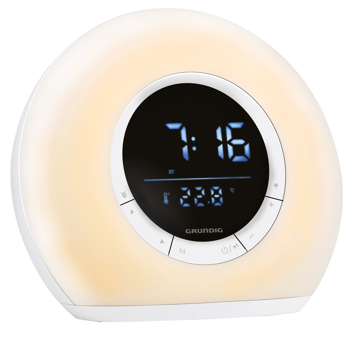 A white digital alarm clock with a luminous display shows 7:16 AM and 22.8 degrees.