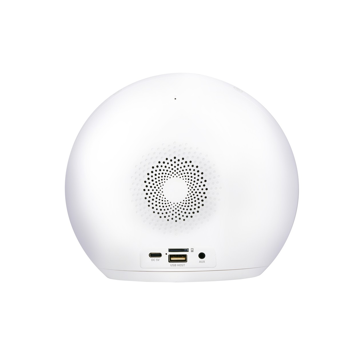 White sphere with speaker grille and ports (DC 5V, USB HOST, AUX).