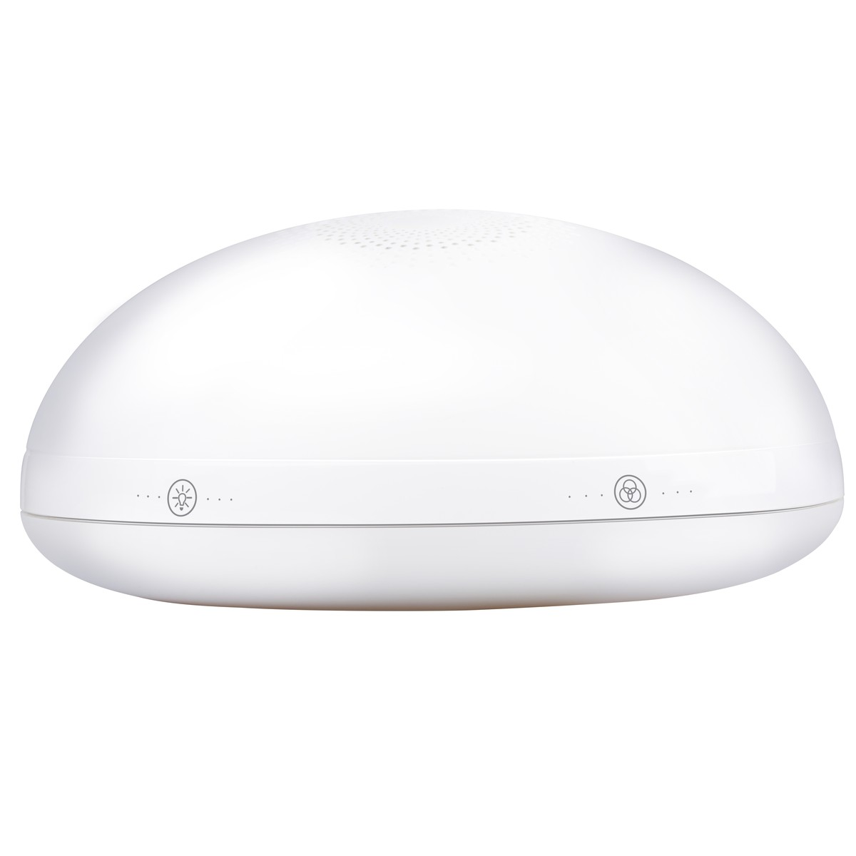 A white, dome-shaped device with ventilation holes on top and symbols below.