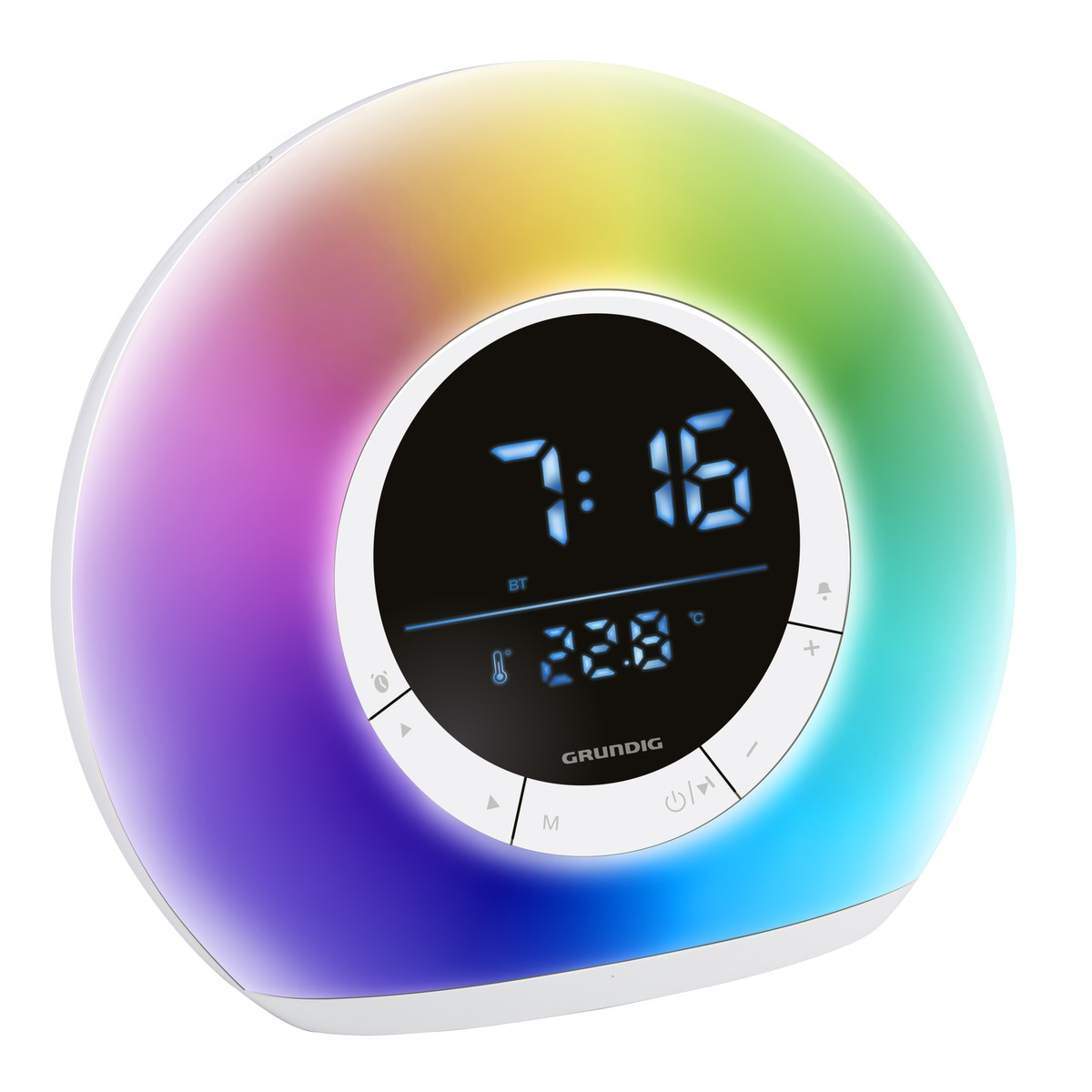A round alarm clock with a purple-to-green gradient and digital display.