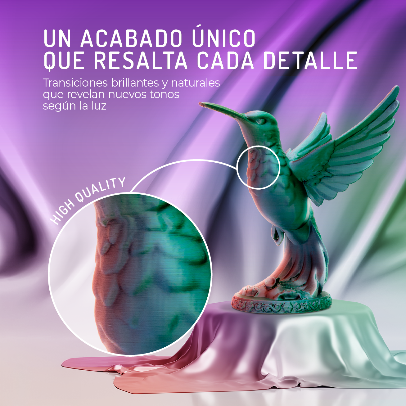 Acabado único de colibrí que resalta detalles, con texto.