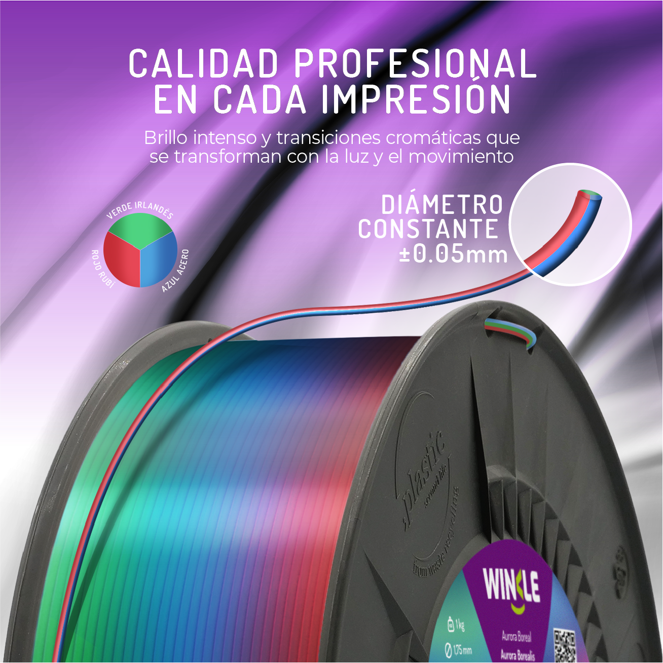 Bobina de filamento para impresora 3D con degradado de color de verde a rojo.