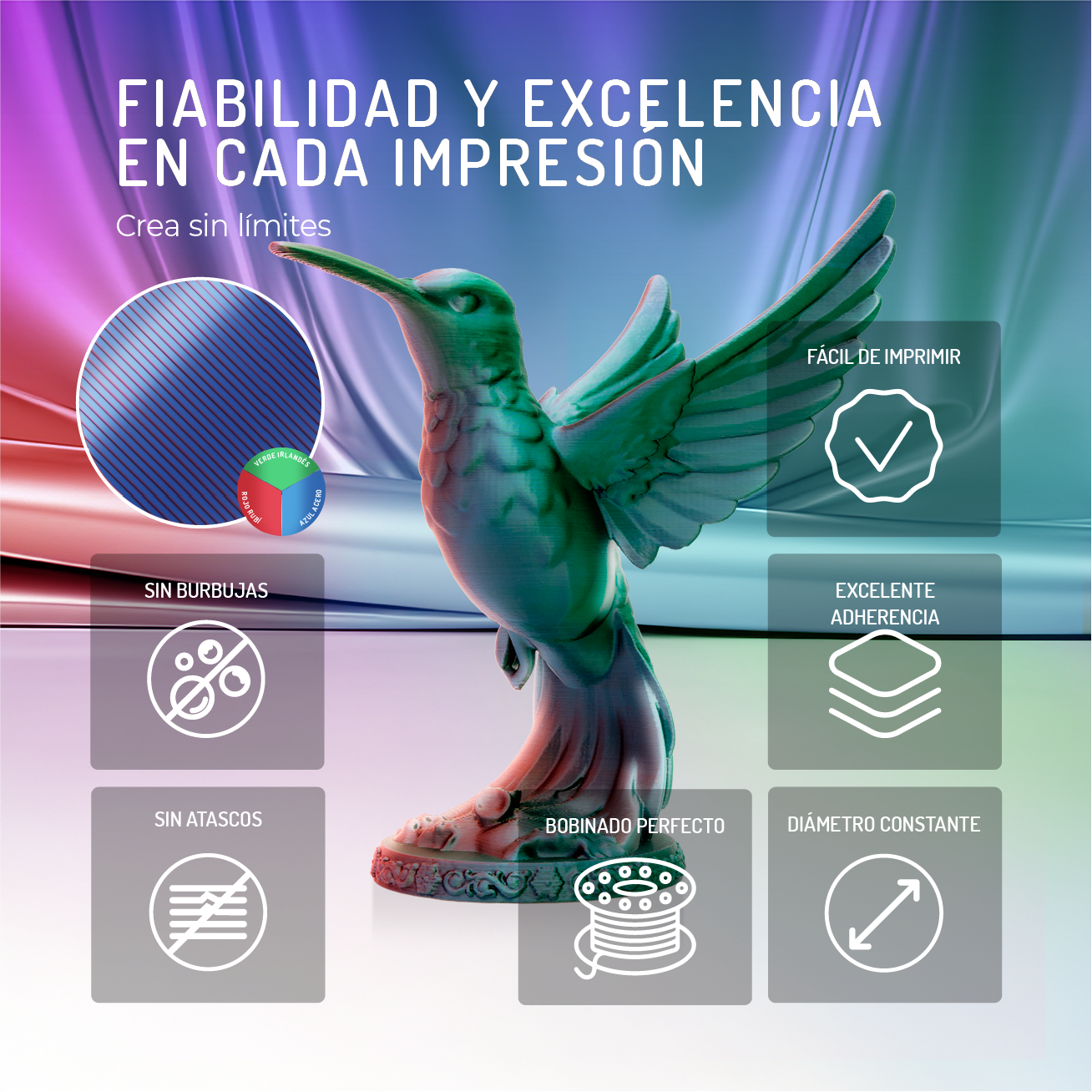 Un colibrí impreso en 3D está en el centro. Seis cuadros informativos describen sus cualidades.