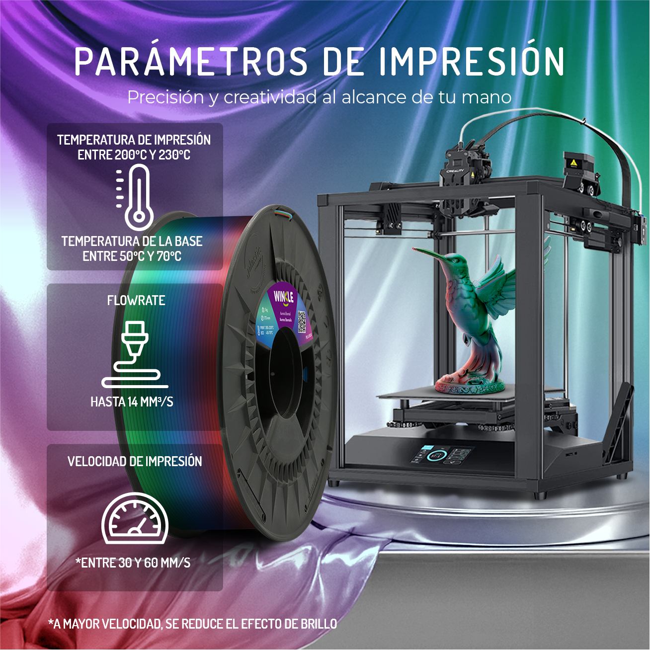 Impresora 3D con impresión de filamento degradado, detallando parámetros.