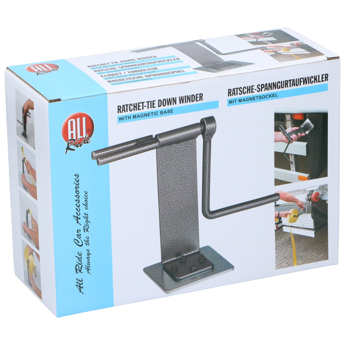 Doos van een ratel-spanbandopwinder met magneetbasis.