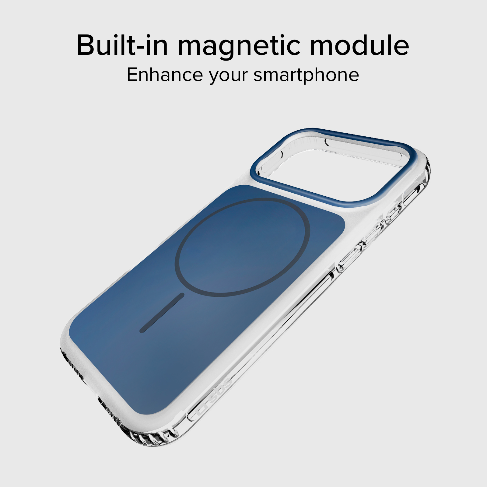Una custodia trasparente per telefono con modulo magnetico blu.