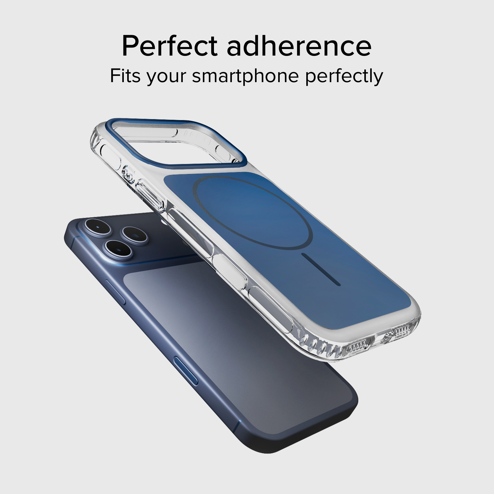 Una custodia trasparente fluttua sopra uno smartphone blu.