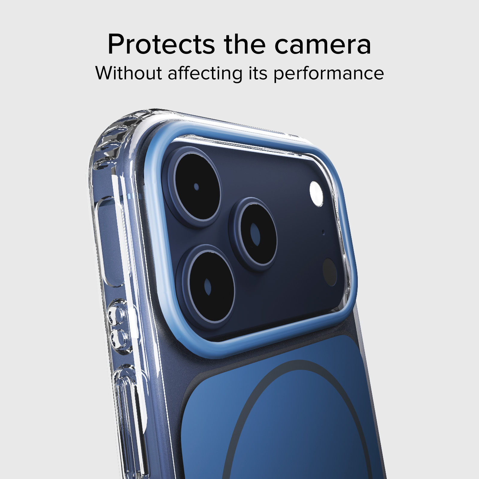 Custodia trasparente protegge le fotocamere di un iPhone blu.