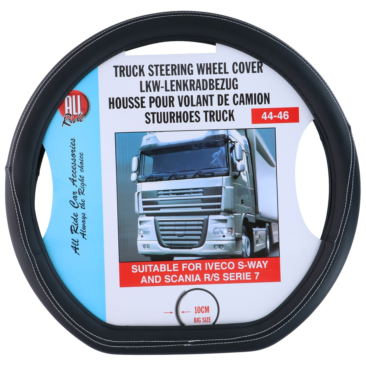 Zwarte truck stuurhoes met witte stiksels, past op Iveco en Scania.