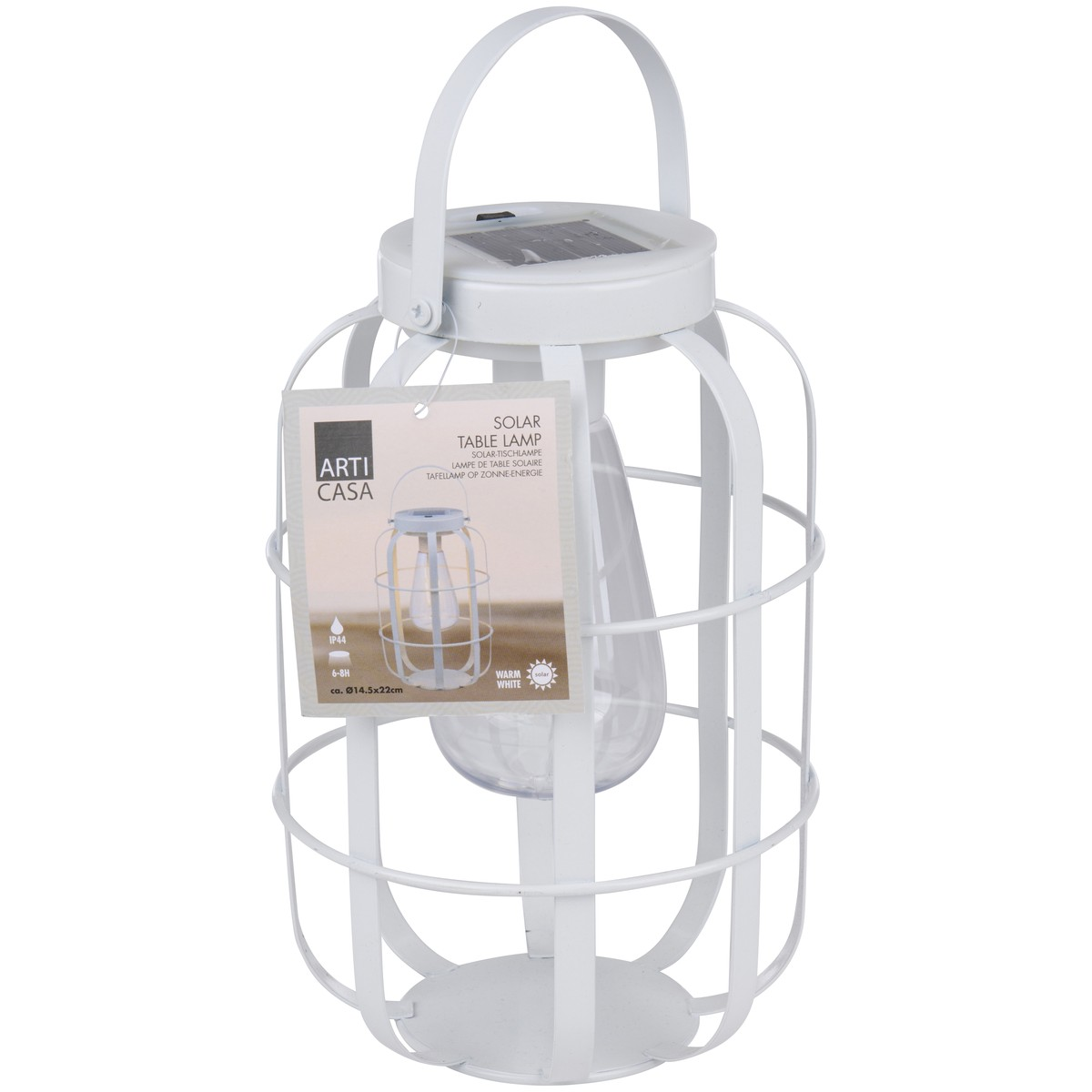 Weiße Solar-Tischlampe mit käfigartigem Metallrahmen und klarer Glühbirne.