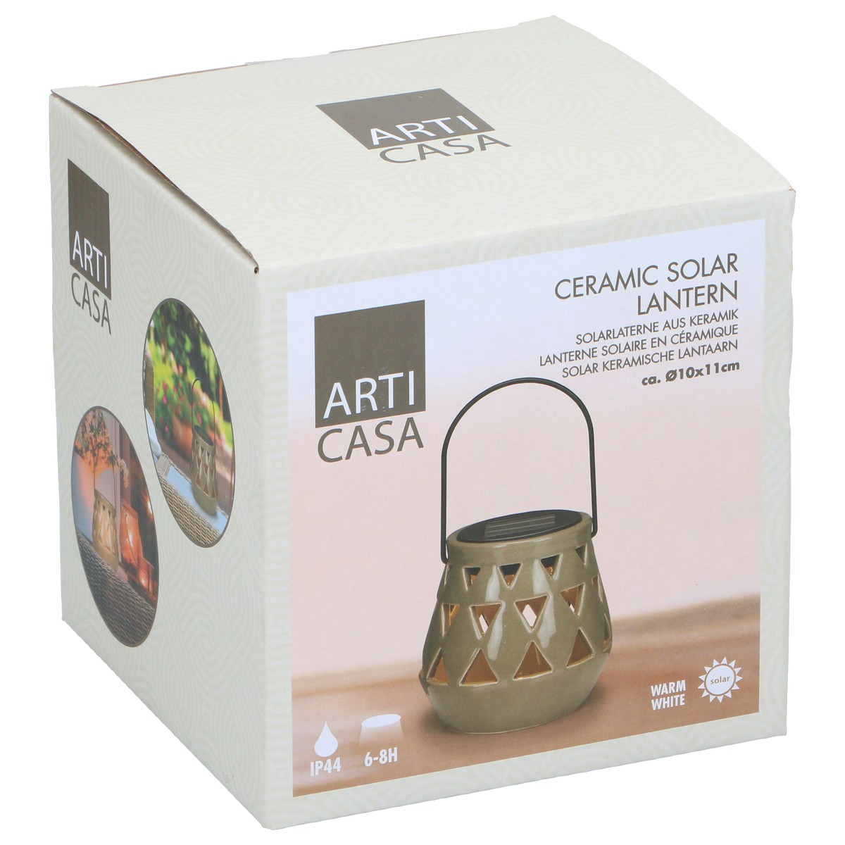 Packaging of a ceramic solar lantern with geometric cutouts, Ø10x11cm.