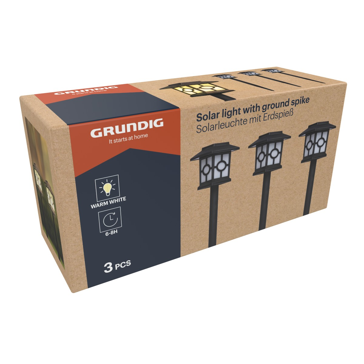 Box showing three Grundig solar lights with ground spikes, warm white.