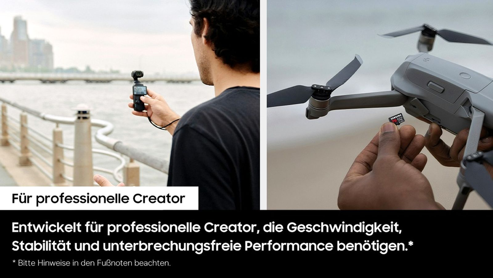 Uomo con gimbal, drone con scheda SD, testo sulle prestazioni creator.