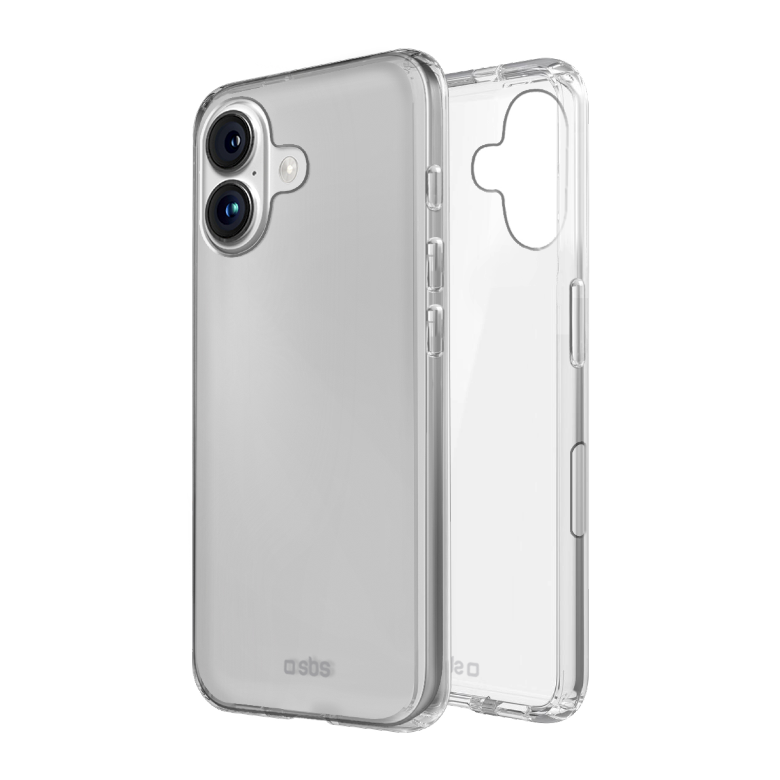 Una funda transparente para teléfono junto a un smartphone con sistema de doble cámara.