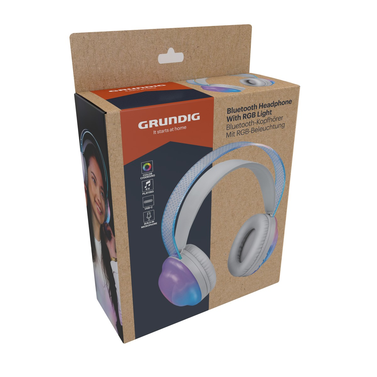 Grundig Bluetooth Kopfhörer mit RGB-Licht auf der Verpackung.