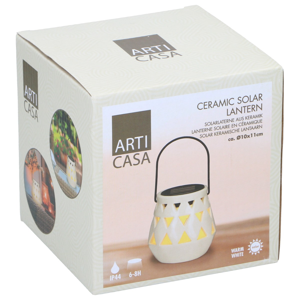 Packaging of a white ceramic solar lantern with triangle pattern and handle.