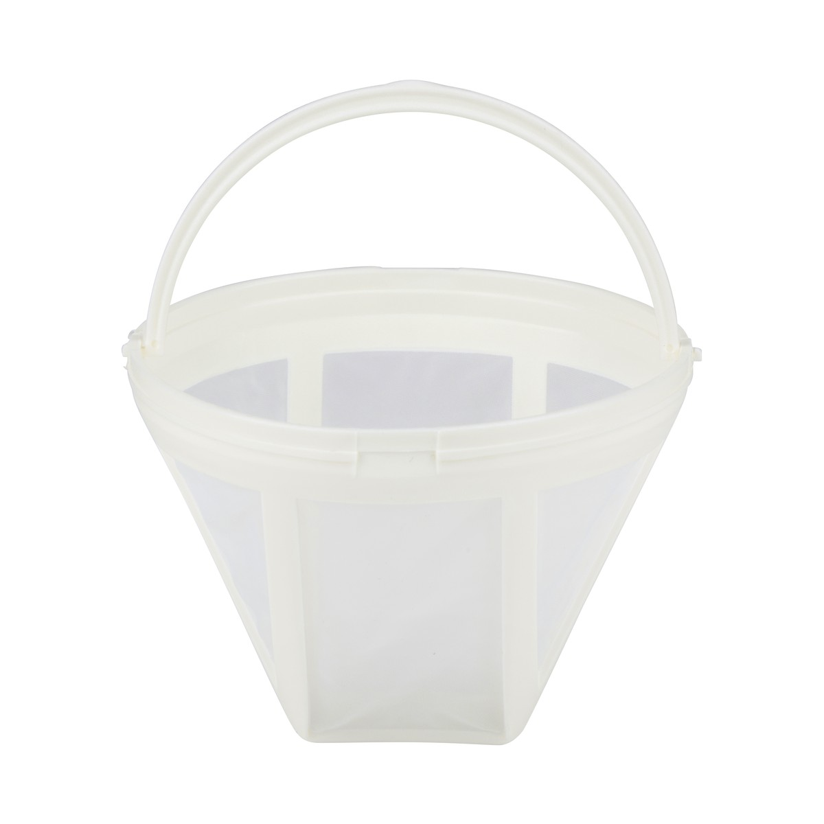 A white, cone-shaped coffee filter basket with a handle.