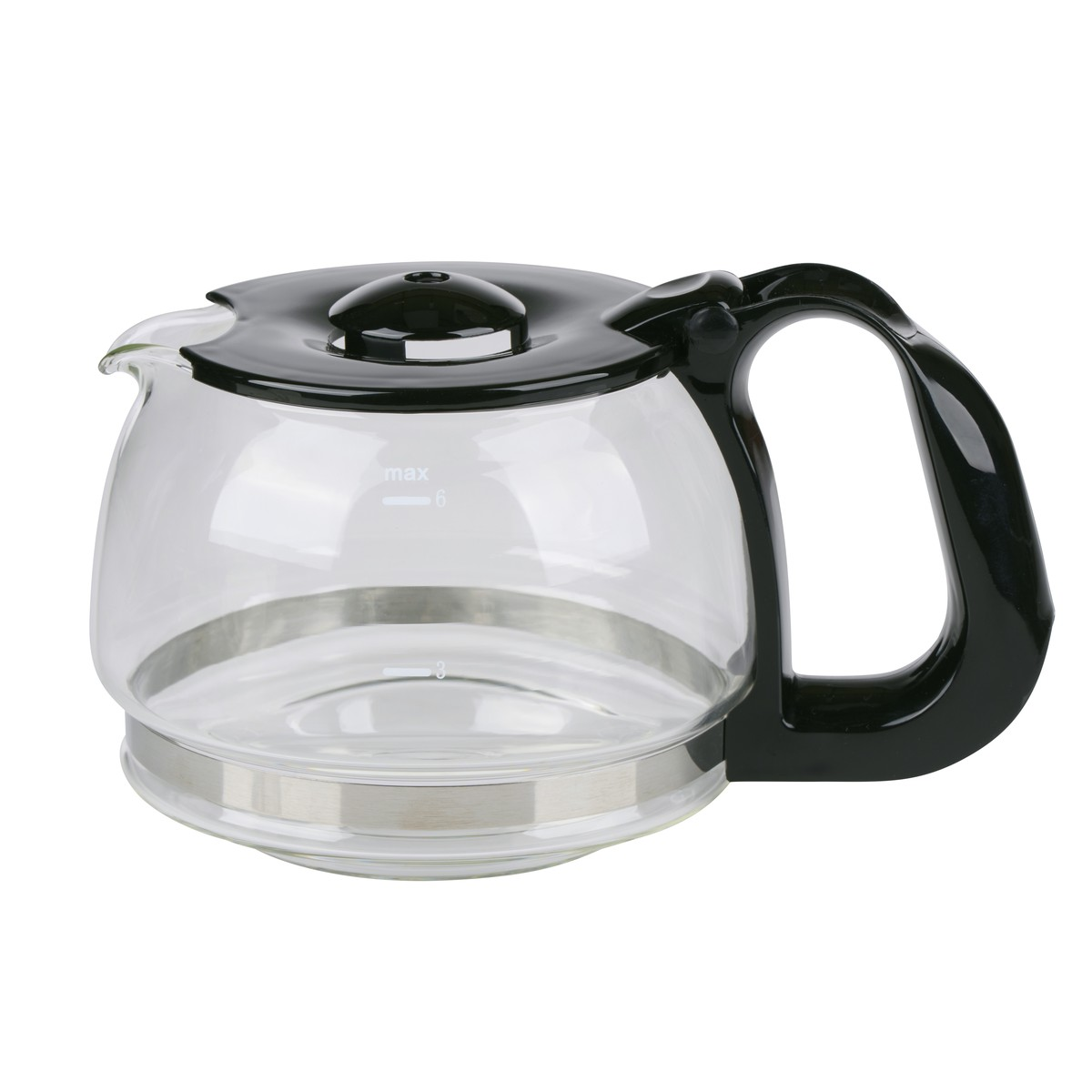 Glass coffee pot with black lid and handle, marked for 3 and 6 cups.