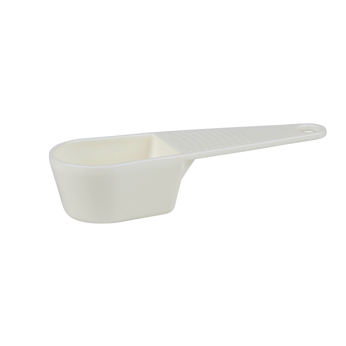 A white plastic measuring scoop with a long handle and a hole at the end.